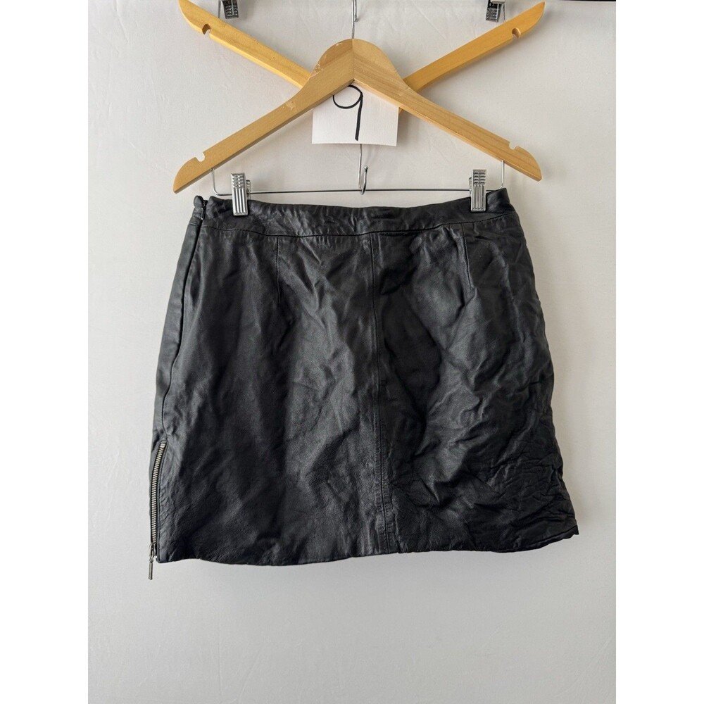 BGSD Womens Black Genuine Leather Mini Skirt Petite Large Moto Zip Pockets